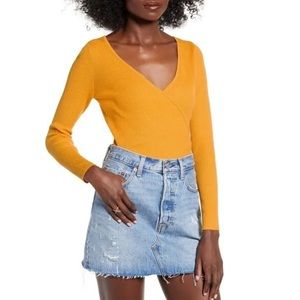 Leith Yellow Rib Wrap Surplice V-Neck Long Sleeve Sweater Size Large